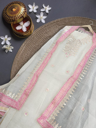 Glimmering Kota Doria Gota Patti Snowy White Suit (T+B+D)
