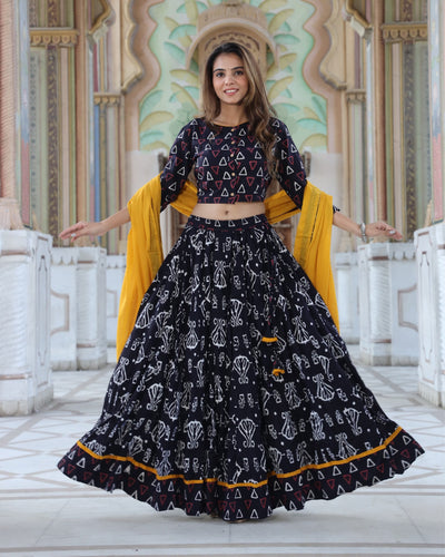 Classy Blockprinted Stitched Cotton Black Lehanga Choli Set