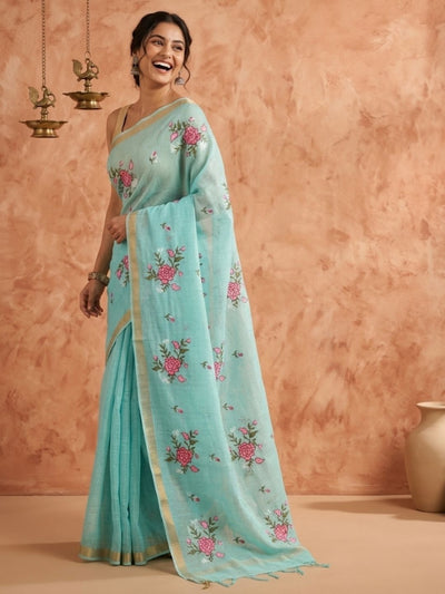 Bunavat Handdyed Kota Silk Embroidery Saree Blue
