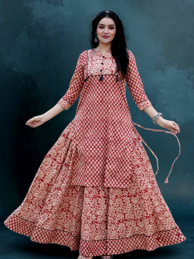 GulRaag Blockprinted Long Kurta & Skirt Brick Red