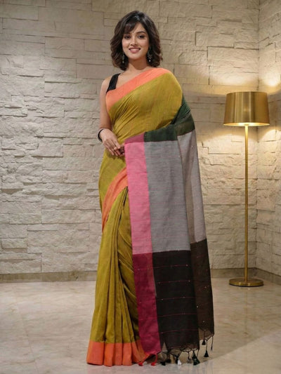 Nirmal Pure Khadi Cotton Sequence Saree Olive Green