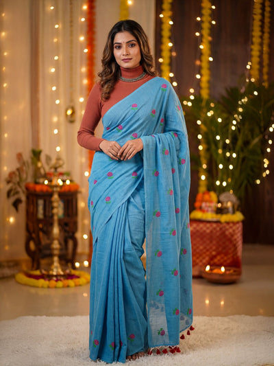 Hawa Hawai Half Embroidery Pure Cotton Saree Blue