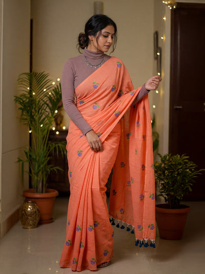 Hawa Hawai Half Embroidery Pure Cotton Saree Orange
