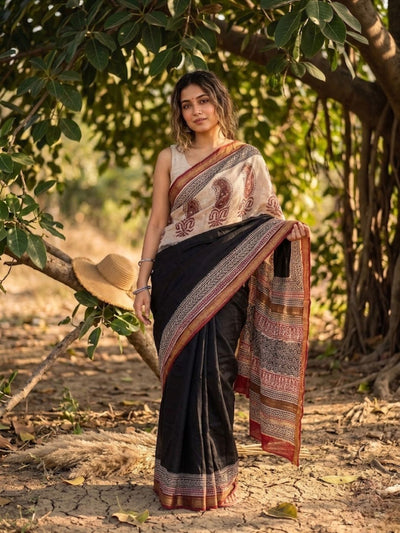 Whispering Petals Kalamkari Chanderi Silk Black Saree (Last Piece!)