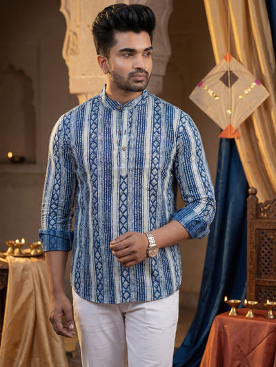 Noble Echo Pure Cotton Blockprint Short Kurta Blue & White