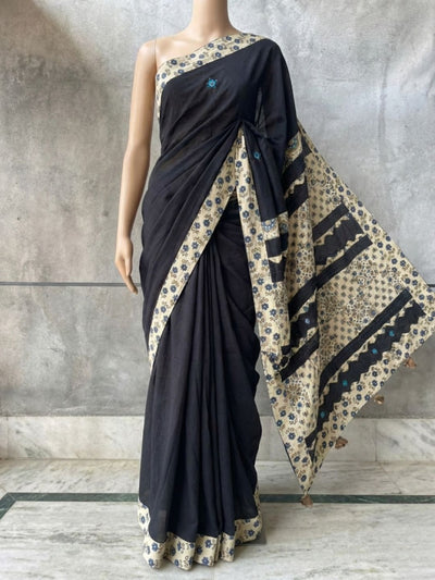 Anvaya Pure Mul Cotton Ajrakh Saree Coal Black