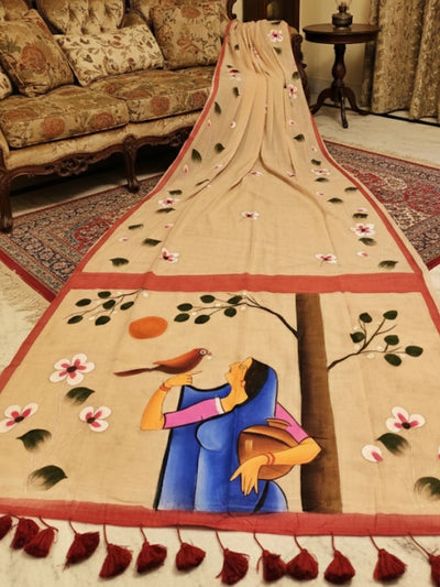 Ranglekha Pure Mul Cotton HandPainted Saree Beige
