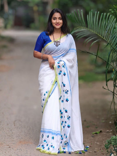 Rithika Embroidery Pure Mul Cotton Saree White