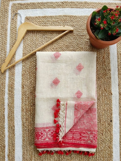 Aaruni Jamdani Pure Linen Saree Soft White