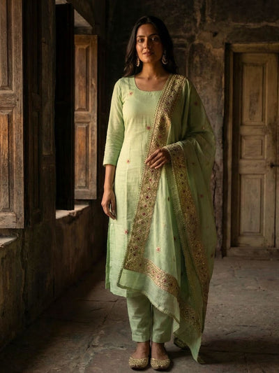 Rajsi Dhaaga Kota Doria Gota Patti Stitched Suit Green