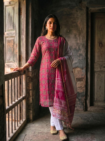 Karigar Katha Kota Doria Stitched Suit Magenta Pink