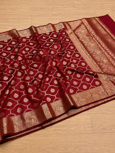 Velisse Jaal Mashru Katan Silk Saree Dark Red