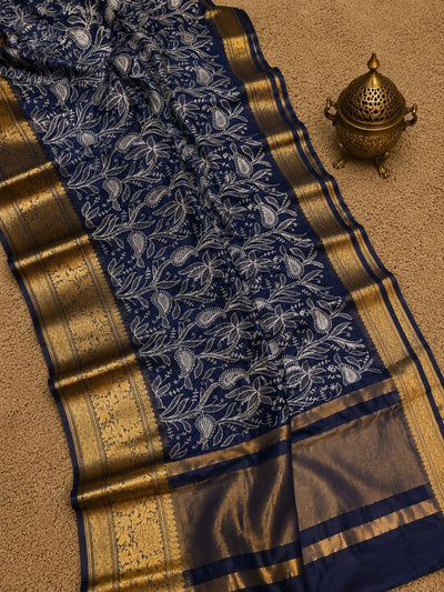 Dhaaga Roop Organza Silk Embroidery Saree Dark Blue