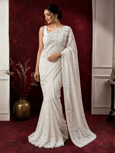 Taanvika Georgette Chikankari Saree White
