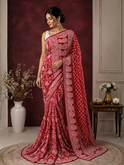 Taanvika Georgette Chikankari Saree Red