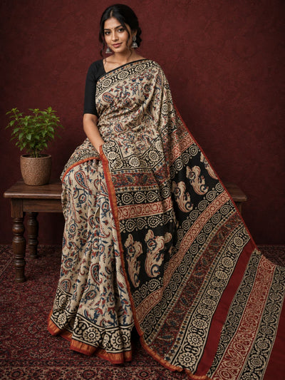 Kalamkari Vaibhav Chanderi Silk Saree Ecru Beige