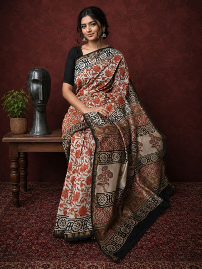 Kalamkari Vaibhav Chanderi Silk Saree Hemp Beige