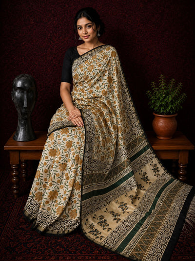 Kalamkari Vaibhav Chanderi Silk Saree Flax Beige