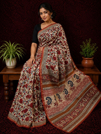 Kalamkari Vaibhav Chanderi Silk Saree Ash Beige