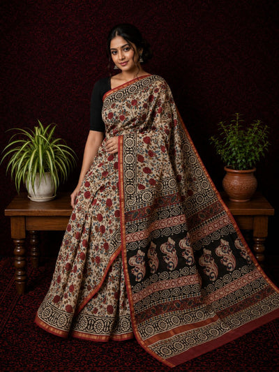 Kalamkari Vaibhav Chanderi Silk Saree Nude Beige