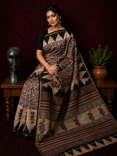 Kalamkari Vaibhav Chanderi Silk Saree Husk Beige
