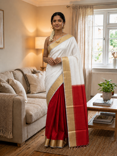 Handloom Kota Silk White & Blood Red Saree