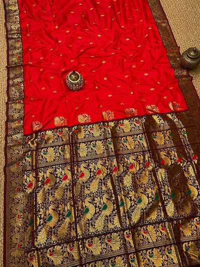 Mihira Peshwai Paithani Silk Handloom Saree Tomato Red