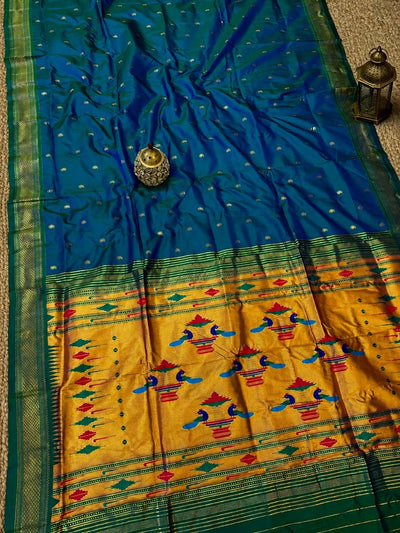 Mayuri Double Pallu Paithani Silk Saree Peacock Blue