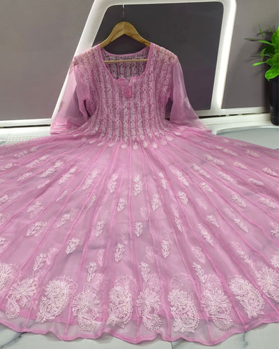 Lively Chikankari Georgette Anarkali Gown 56 Kali Pink