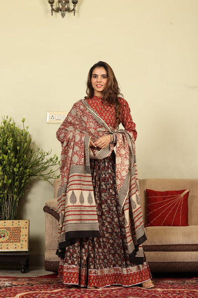 Lively Blockprinted Stitched Cotton Red & Black Lehanga Choli Set