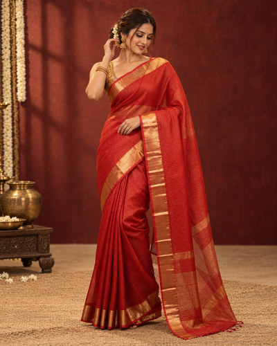 Sindoori Pure Maheshwari Zari Checks Saree Vibrant Red