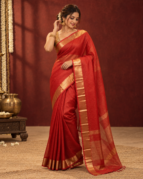 Indiehaat | Pure Maheshwari Silk Saree Red Zari Checks