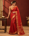 Indiehaat | Pure Maheshwari Silk Saree Red Zari Checks