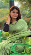 Bansbara Tussar Silk Handloom Saree Laurel Green with Running Blouse Embroidered-Indiehaat