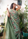 Incandescent Silk Linen Embroidered Green Saree