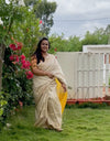 Handloom Kota Silk Saree Beige Color with Yellow Pallu and Yellow Blouse-Indiehaat