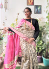 Silkmark Tussar Ethereal Blockprint Beige & Pink Saree