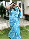 Pure Kota Linen Saree Monsoon Blue Color Embroidered with running blouse-Indiehaat