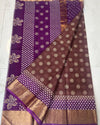 Indiehaat | Craft Couture Kota Doria Block Print Brown & Purple Saree