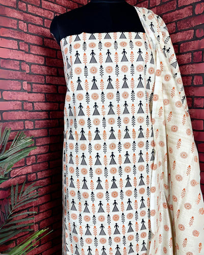 Indiehaat | Khadi Silk Beige Suit Warli Print Top+Bottom+Dupatta