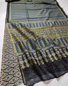 Indiehaat | Chanderi Silk Ajrakh Print Saree Gray