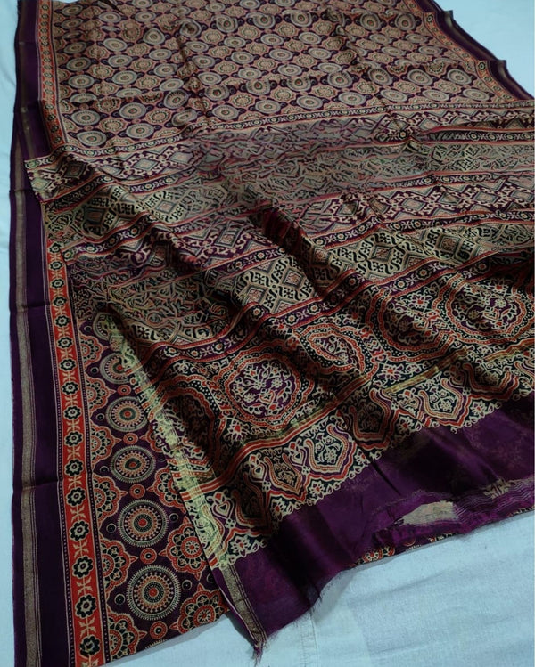 Indiehaat | Chanderi Silk Ajrakh Print Saree Red