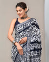 Indiehaat | Linen Saree White And Indigo Color Kalamakari Handblock Printed With Running Blouse