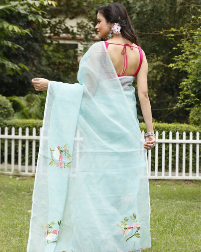 Chic Kota Doria Cotton Bird Embroidery Blue Saree Handdyed