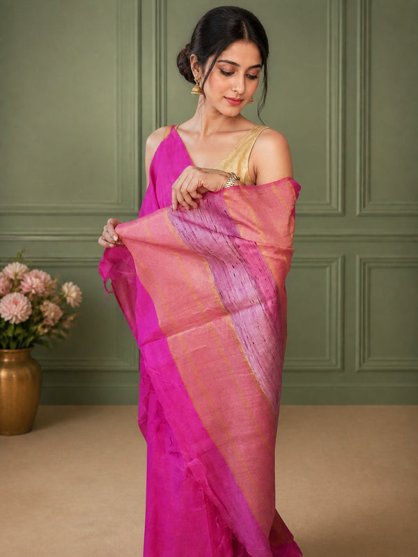 Pure Eri Silk Pink Saree with Running Blouse-Indiehaat
