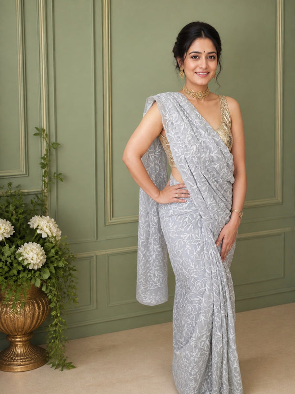 Georgette Handcrafted Tepchi work Gray Color Saree with Running Blouse-Indiehaat