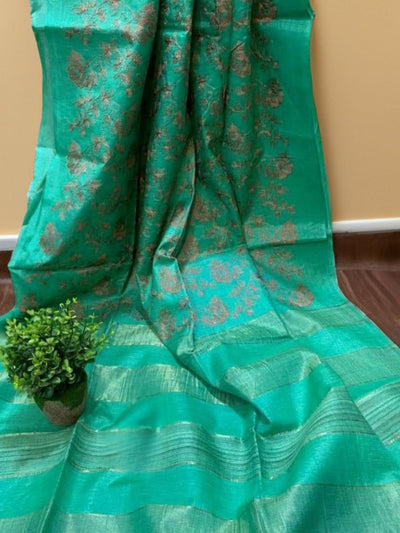 Blissful Eri Tussar Silk Embroidered Green Saree