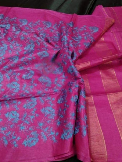 Striking Eri Tussar Silk Embroidered Pink Saree