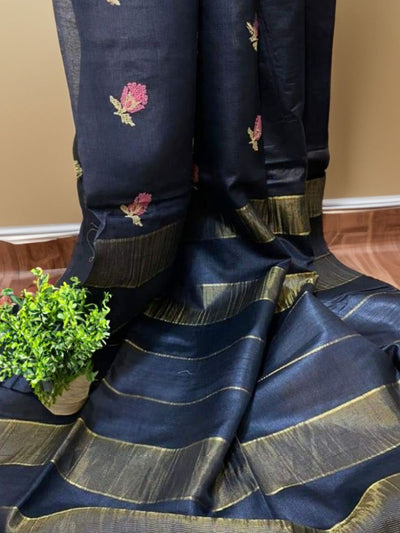 Adorable Eri Tussar Silk Embroidered Blue Saree