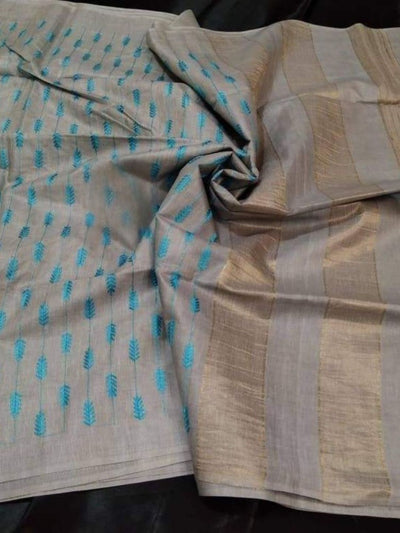 Textured Eri Tussar Silk Embroidered Beige Saree